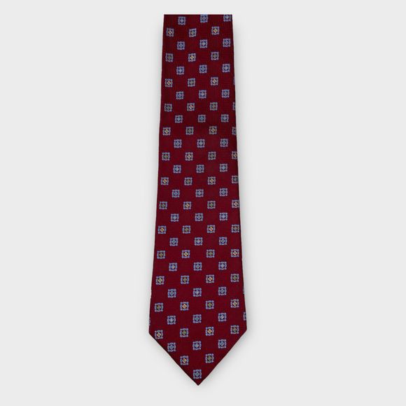 $135 David Donahue Mens Red Blue Medallion Italian Silk Handmade Tie 60L x 3.5 - Picture 3 of 12